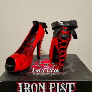 Iron Fist Red and Black Skull Heels, Size 6